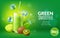 Fruit juice poster. Realistic green kiwi and lime fresh in glass. Bright advertising banner. Cocktail straw in cold