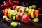 Fruit kebab with colorful pieces tasty dessert background