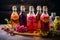 Fruit kombucha, rustic background. Set of glass bottles with filtered kombucha drinks made of yeast, sugar and tea with addition