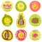 Fruit labels. Juice fresh organic fruit natural vegan food farm emblem logo print sticker text cartoon vector templates