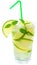 Fruit lemonade with lime and ice cubes and leaf mint in a highball glass