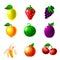 Fruit machine slot icons set, lemon, strawberry, grapes, apple, watermelon, plum, banana, peach, cherry. Classic