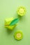 Fruit made of paper. Green background. There`s room for writing