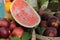 Fruit market. Sale of peaches, nectarines, watermelons.