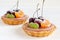 Fruit mini tartlets on white background