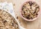 Fruit muesli bowl on wooden table