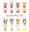 Fruit Names for Children, Toddlers vector illustration, cute animals hold fruit in their paws. Strawberry, apple