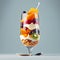 Fruit parfait with layers of yogurt, granola, and sliced fruits, served in a clear glass with a spoon