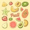 Fruit Pieces Hand Drawn Doodle with Papaya, Watermelon and Pineapple. Natural Food