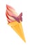 Fruit pink and vanilla ice-cream in waffle cone with purple butterfly.