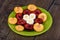 Fruit plate. Plums, apricots, banana