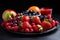 fruit platter with juicy strawberries and ripe cherries