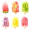 Fruit popsicle watercolor bright painting. Illustrations set of frozen juice with watermelon, kiwi, strawberry and