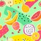 Fruit print. Fruits seamless pattern fresh food nature vitamin healthy eating colorful summer texture trendy cartoon