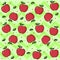 Fruit print on green background with waves. Bright fruit: apples. Ripe red apple with leaf.  Vector pattern background for your