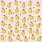 Fruit print on pink background with drops. Bright fruit: pears. Ripe yellow pear with green leaf.  Vector pattern background for
