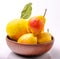 Fruit quince and pears in a clay bowl on a white background with space for inscriptions