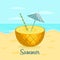 Fruit refreshing cocktail, pineapple half, straw and cocktail umbrella on the seashore. Summer illustration, clip art