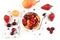 Fruit salad, Healthy breakfast with ingredients, yogurt with granola, strawberries, cherries and peaches on a light table. The