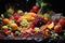 fruit salad ingredients scattered artistically on a table