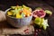 Fruit salad with kiwi, mango, mandarin, carambola and pomegranate