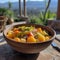 fruit salad in a large ceramic serving bowl