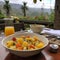 Fruit salad in a large ceramic serving bowl