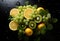 Fruit salad with lemon, kiwi and grape on black background