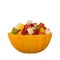 Fruit salad in melon salad bowl. White background, isolate.