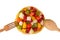 Fruit salad in melon salad bowl. White background, isolate. Flat Lay