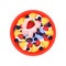 Fruit salad with pineapple, ripe strawberry, plum, blueberry and fresh yogurt, top view. Tasty food. Flat vector icon