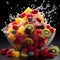 Fruit salad in a transparent plate on a black background with splashes of water