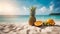 fruit on the sand at the beach with the ocean in the background