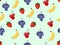 Fruit seamless pattern with bananas, cherries, strawberries and grapes.