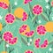 Fruit seamless pattern, grapefruit with branches, leaves and flowers on green background. Summer vibrant design. Exotic tropical