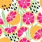 Fruit seamless pattern, grapefruit with tropical leaves and abstract elements on white background. Summer vibrant design