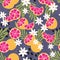 Fruit seamless pattern, grapefruit with tropical leaves, flowers and abstract elements on dark purple background. Summer vibrant