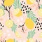 Fruit seamless pattern, lemons with branches, leaves and flowers on pink background. Summer vibrant design. Exotic tropical fruit
