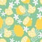 Fruit seamless pattern, lemons with tropical leaves and flowers on green background. Summer vibrant design. Exotic tropical fruit