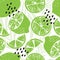 Fruit seamless pattern, lime with tropical leaves and abstract elements on white background. Summer vibrant design
