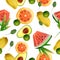 Fruit seamless pattern with mango, avocado, tangerine, orange, lime, watermelon and leaves on white background.