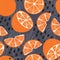 Fruit seamless pattern, orange halves and slices with tropical leaves and abstract elements on dark purple background
