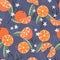 Fruit seamless pattern, oranges with branches, leaves and flowers on dark blue background. Summer vibrant design. Exotic tropical