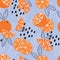 Fruit seamless pattern, oranges with leaves and abstract elements on bright blue background. Summer vibrant design