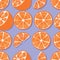 Fruit seamless pattern, oranges with shadow on purple background. Summer vibrant design. Exotic tropical fruit. Colorful vector