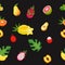 Fruit seamless pattern. Summer exotic mix. Sweet food texture for organic and vegan health diet. Trendy fresh eat. Palm