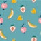 Fruit seamless pattern. Sweet, banana, lemon, strawberry and apple. Food background. For menus of restaurants, shops and printing