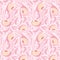 Fruit seamless pattern for textile products, peach pieces with juice splashes, peach smoothie in a flat style.