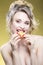 Fruit Series. Portrait of Cute Funny Naked Caucasian Girl