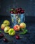 Fruit set. Bucket with cherries and nectarines